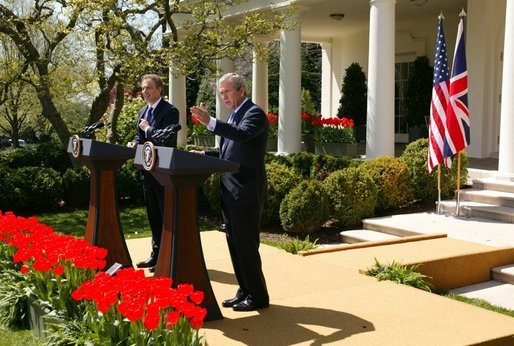 President George W. Bush and Prime Minister Tony Blair hold a press conference in the Rose Garden of the White House on April 16, 2004. White House photo by Paul Morse.