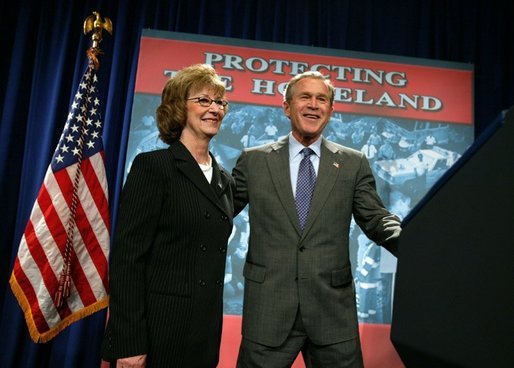 President George W. Bush is introduced by Donna Mindeck, First Vice President of the Pennsylvania State Association of Town Supervisors, before giving remarks on the USA Patriot Act in Hershey, Pa., Monday, April 19, 2004. White House photo by Paul Morse.