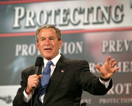 President George W. Bush speaks during a conversation on the USA Patriot Act in Buffalo, N.Y., Tuesday, April 20, 2004. White House photo by Eric Draper.