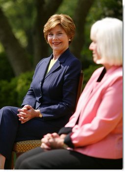 First Lady Mrs. Laura Bush with Kathleen Mellor the 2004 Teacher of the Year from South Kingstown, Rhode Island in the Rose Garden of the White House on April 21, 2004.  White House photo by Paul Morse