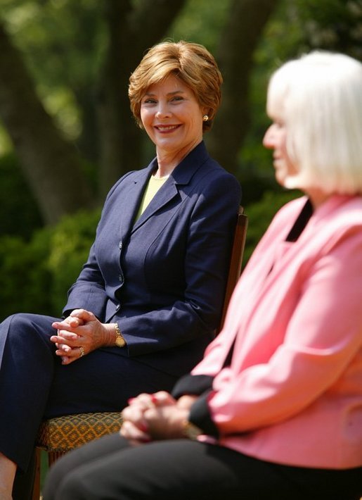 First Lady Mrs. Laura Bush with Kathleen Mellor the 2004 Teacher of the Year from South Kingstown, Rhode Island in the Rose Garden of the White House on April 21, 2004. White House photo by Paul Morse