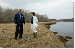President George W. Bush on speaks with Research Director Dr. Michele Dionne during a tour of the Wells National Estuarine Research Reserve in Wells, Maine, Thursday, April 22, 2004. "Up to half of all North American bird species nest or feed in wetlands. About half of all threatened and endangered species use wetlands. There's some endangered species using the wetlands right here on this piece of property," said the President in his remarks.  White House photo by Eric Draper