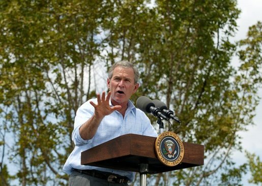 President George W. Bush discusses the restoration of wetlands at Rookery Bay National Estuarine Research Reserve in Naples, Fla., Friday, April 22, 2004. ". my administration will work to restore, to improve, and to protect at least three million acres of wetlands over the next five years ," said the President in his remarks. White House photo by Eric Draper