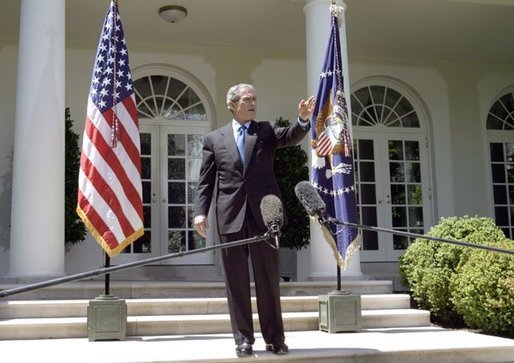 President George W. Bush addresses the press in the Rose Garden Thursday April 29, 2004. White House photo by David Bohrer.