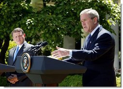 President George W. Bush and His Majesty King Abdullah Bin Al Hussein of Jordan hold a joint press conference in the Rose Garden Thursday, May 6, 2004.   White House photo by Paul Morse