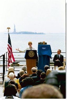 Mrs Bush delivers remarks at Battery Park in New York City May 10, 2004.  White House photo by Tina Hager