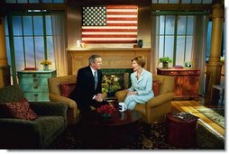 Laura Bush speaks with Charlie Gibson during a Good Morning America live interview at the ABC Studios in New York City, Monday, May 10, 2004.  White House photo by Tina Hager