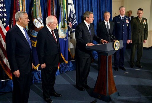 President George W. Bush addresses the press after meeting with his national security team at the Pentagon in Arlington, Va., Monday, May 10, 2004. "We discussed the needs of our military personnel, the status of current operations in Iraq, and the progress of that nation towards security and sovereignty," said the President. White House photo by Paul Morse