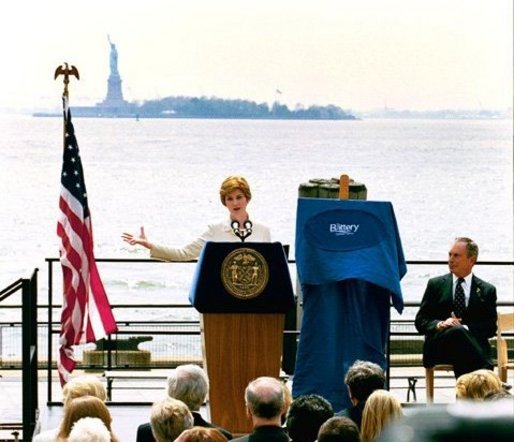 Highlighting the First Lady's Preserve America initiative, Laura Bush and New York City Mayor Michael Bloomberg announce the re-opening of the Statue of Liberty during a ceremony in New York's Battery Park Monday, May 10, 2004. The statue has been closed since the September 11th terrorist attacks. White House photo by Tina Hager.