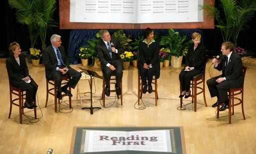 President George W. Bush participates in a conversation on Reading First and the No Child Left Behind Act at the National Institutes of Health in Bethesda, Maryland on May 12, 2004. White House photo by Paul Morse