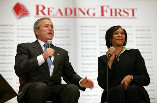President George W. Bush participates in a conversation on Reading First and the No Child Left Behind Act with kindergarten teacher Cynthia Henderson at the National Institutes of Health in Bethesda, Maryland on May 12, 2004. White House photo by Paul Morse