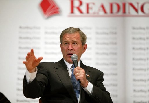 President George W. Bush participates in a conversation on Reading First and the No Child Left Behind Act at the National Institutes of Health in Bethesda, Maryland on May 12, 2004. White House photo by Paul Morse