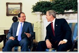 President George W. Bush meets with Prime Minister Konstandinos Karamanlis of Greece in the Oval Office Thursday, May 20, 2004.   White House photo by Joyce Naltchayan