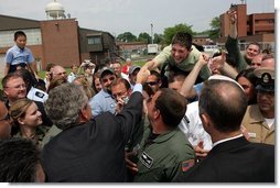 President George W. Bush greets military personnel and their families at Youngstown Air Reserve Station in Vienna, Ohio, Tuesday May 25, 2004.  White House photo by Paul Morse