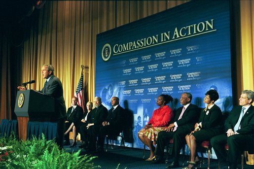 President George W. Bush discusses the progress and accomplishments of the Faith-Based and Community Initiatives in Washington, D.C., Tuesday, June 1, 2004. White House photo by Joyce Naltchayan.