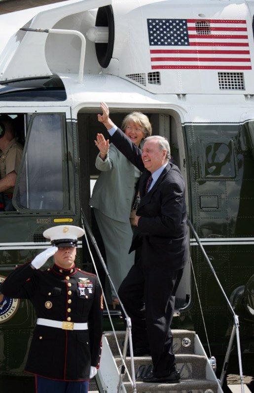 Heading to the G8 summit at Sea Island, Ga., Canadian Prime Minister Paul Martin and his wife Sheila Martin wave during their arrival at Hunter Army Airfield Tuesday, June 8, 2004. White House photo by Paul Morse