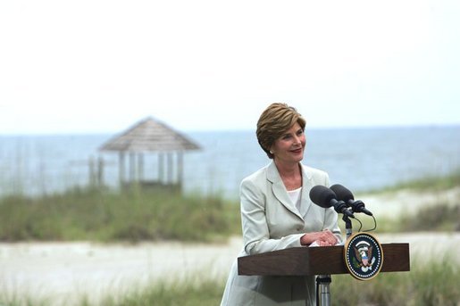 Laura Bush delivers remarks at a Media Availability following the G8 Spouses Luncheon Roundtable, in Sea Island Georgia, June 9, 2004. White House photo by Tina Hager