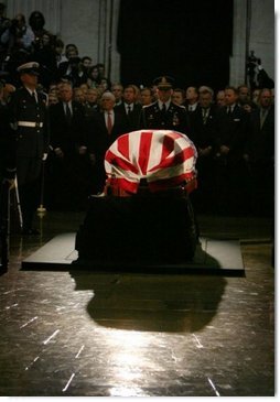 The casket containing the body of former President Ronald Reagan lies in state in the U.S. Capitol Rotunda Wednesday, June 9, 2004.  White House photo by David Bohrer