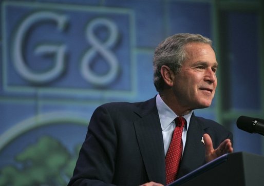 President George W. Bush answers reporters questions during a press conference following the G8 Summit in Savannah, Georgia, Thursday, June 10, 2004. White House photo by Eric Draper.
