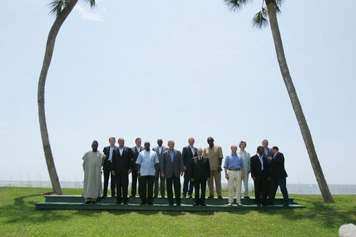 President George W. Bush and G8 Summit leaders pose with African leaders at Ocean Forest during the last day of the Summit at Sea Island, Ga., Thursday, June 10, 2004. Leaders from Algeria, Ghana, Senegal, Nigeria, South Africa, Uganda attended the last day of the summit. White House photo by Paul Morse.