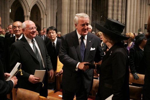Former British Prime Minister Margaret Thatcher is greeted by former Canadian Prime Minister Brian Mulroney and Former Soviet President Mikhail Gorbachev before the funeral service for former President Ronald Reagan at the National Cathedral in Washington, DC on June 11, 2004. White House photo by Paul Morse.