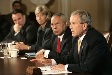 President George W. Bush answers questions from the press before a Cabinet Meeting at the White House Thursday, June 17, 2004