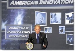 President George W. Bush discusses the benefits of broadband and wireless technology during a demonstration of such technologies at the U.S. Department of Commerce Thursday, June 24, 2004.