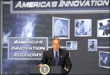President George W. Bush discusses the benefits of broadband and wireless technology during a demonstration of such technologies at the U.S. Department of Commerce Thursday, June 24, 2004.