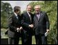 President George W. Bush joins Prime Minister of Ireland Bertie Ahern, right, and President of the European Commission Romano Prodi following their press conference at the Dromoland Castle in Shannon, Ireland, Saturday, June 26, 2004. White House photo by Eric Draper.