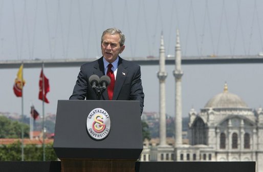 President George W. Bush delivers remarks at Galatasaray University, Tuesday, June 29, 2004. White House photo by Eric Draper.
