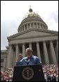 President George W. Bush delivers remarks at the Fourth of July Celebration on the steps of the Capitol in Charleston, West Virginia on Independence Day, 2004. White House photo by Tina Hager