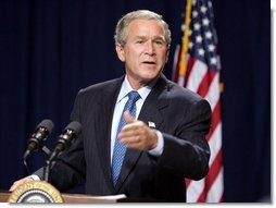 President George W. Bush makes a statement to the press during a stop in Raleigh, North Carolina on Wednesday July 7, 2004. The President was in North Carolina to meet with pending North Carolina judicial nominees.  White House photo by Paul Morse
