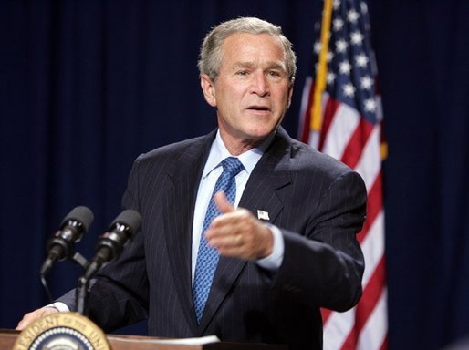 President George W. Bush makes a statement to the press during a stop in Raleigh, North Carolina on Wednesday July 7, 2004. The President was in North Carolina to meet with pending North Carolina judicial nominees. White House photo by Paul Morse