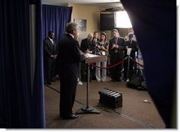 President George W. Bush makes a statement to the press during a stop in Waterford, Michigan on Wednesday July 7, 2004. The President was in Michigan to meet with pending Michigan based judicial nominees.  White House photo by Paul Morse