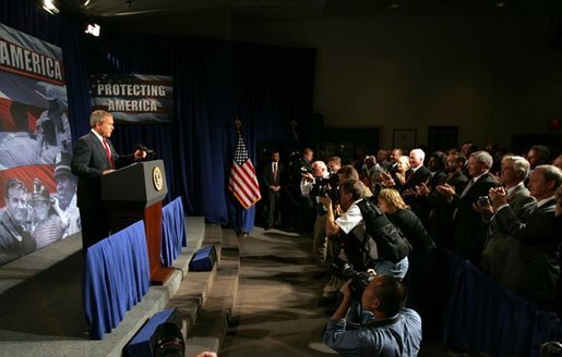 During a tour of equpiment from Libya's former nuclear weapons program, President George W. Bush delivers remarks on the War on Terror at the Oak Ridge National Laboratory in Oak Ridge, Tenn., Monday, July 12, 2004. White House photo by Tina Hager