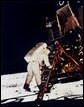 Buzz Aldrin climbs down the Eagle's ladder to the surface. Click for larger image. Photo credit: NASA.