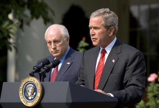 As Vice President Dick Cheney stands by his side, President George W. Bush delivers remarks during the signing ceremony of S.15-Project Bioshield Act of 2004, in the Rose Garden Wednesday, July 21, 2004. "The bill I am about to sign is an important element in our response to that threat. By authorizing unprecedented funding and providing new capabilities, Project BioShield will help America purchase, develop and deploy cutting-edge defenses against catastrophic attack," said the President. White House photo by Paul Morse.