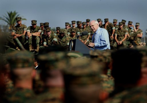 Vice President Dick Cheney addresses Marines at Camp Pendleton, Calif., Tuesday July 27, 2004. "Our President has made clear to all the terrorist enemies that they will fail because the direction of history is toward justice and human freedom," Vice President Cheney said in his remarks. "The terrorists will fail because the resolve of America and our allies will not be shaken. And the terrorists will fail because men and women like you stand in their way." White House photo by David Bohrer.