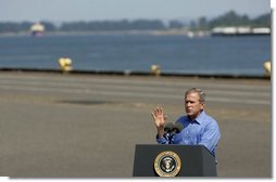 President George W. Bush delivers remarks on the Columbia River Channel Deepening Project in Portland, Ore., Friday, Aug. 13, 2004. The President announced a $15 million budget amendment for the U.S. Army Corps of Engineers to begin construction on the project.  White House photo by Eric Draper