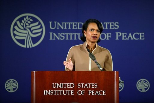National Security Advisor Condoleezza Rice speaks about the Global War on Terror's war of ideas, addressing the efforts the Bush Administration has taken to lead the world toward values and understanding that will bring a just and lasting peace, at the United States Institute of Peace in Washington D.C., Thursday, August 19, 2004. White House photo by Tina Hager.