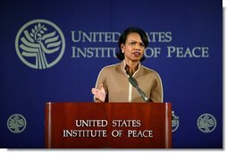 National Security Advisor Condoleezza Rice speaks about the Global War on Terror's war of ideas, addressing the efforts the Bush Administration has taken to lead the world toward values and understanding that will bring a just and lasting peace, at the United States Institute of Peace in Washington D.C., Thursday, August 19, 2004. 