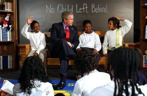 President George W. Bush greets fourth graders at the Pierre Laclede Elementary School in St. Louis, Missouri. White House File Photo. White House photo by Tina Hager.