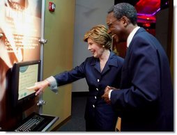 Laura Bush tours the National Underground Railroad Freedom Center with Dr. Spencer Crew, National Underground Railroad Freedom Center Executive Director and CEO, prior to dedication ceremonies in Cincinnati, Ohio, Monday, Aug. 23, 2004.  White House photo by Joyce Naltchayan