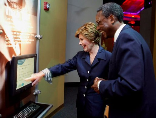 Laura Bush tours the National Underground Railroad Freedom Center with Dr. Spencer Crew, National Underground Railroad Freedom Center Executive Director and CEO, prior to dedication ceremonies in Cincinnati, Ohio, Monday, Aug. 23, 2004. White House photo by Joyce Naltchayan