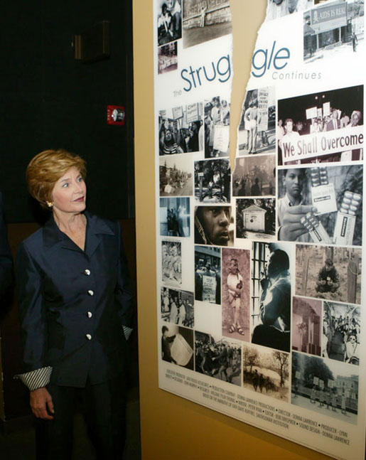Laura Bush tours the exhibit, "From Slavery to Freedom," at the National Underground Railroad Freedom Center prior to dedication ceremonies in Cincinnati, Ohio, Monday, Aug. 23, 2004. White House photo by Joyce Naltchayan