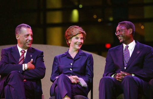 Laura Bush participates in the dedication of the National Underground Railroad Freedom Center in Cincinnati, Ohio, Monday, Aug. 23, 2004. Pictured with Mrs. Bush are the center's executive director Dr. Spencer Crew, right, and President Edward Riguad. White House photo by Joyce Naltchayan