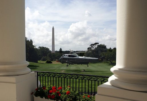 President George W. Bush and Laura Bush depart for New Hampshire and Michigan aboard Marine One from the South Lawn of the White House, Monday, August 30, 2004. White House photo by Tina Hager.