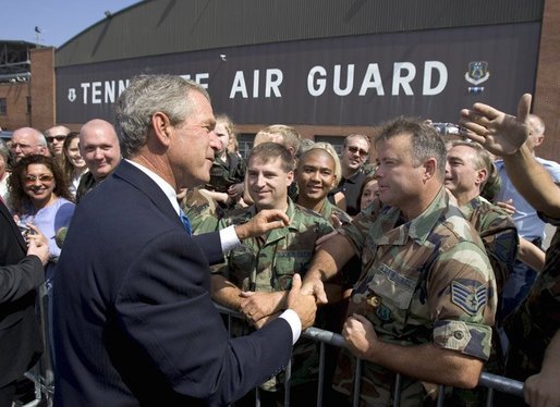 President George W. Bush greets base personnel and their families before departing Nashville International Airport-Tennessee Air National Guard, Tuesday, Aug. 31, 2004. White House photo by Eric Draper.