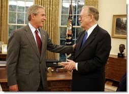 President George W. Bush meets with Dr. Arden L. Bement in the Oval Office Wednesday, Sept. 15, 2004. President Bush is nominating Dr. Bement to be Director of the National Science Foundation. Dr. Bement has been serving as Acting Director since February 22, 2004.  White House photo by Paul Morse