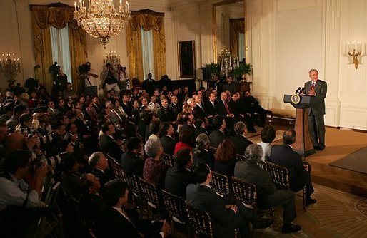 President George W. Bush discusses the achievements of Hispanic Americans during a celebration of Hispanic Heritage Month in the East Room of the White House Wednesday, Sept. 15, 2004. White House photo by Joyce Naltchayan